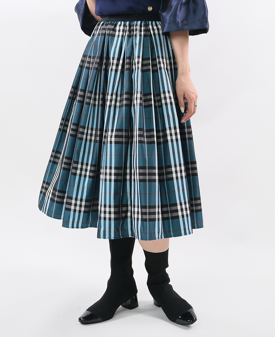 神戸・山の手ピーコックブルーチェックスカート ミモレ丈