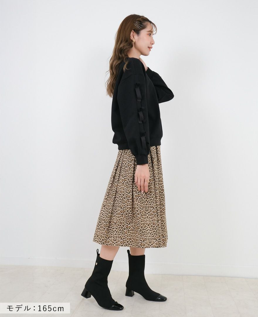 トレコード(TRECODE)黒ゴムフレアスカートレオパード柄ロング丈