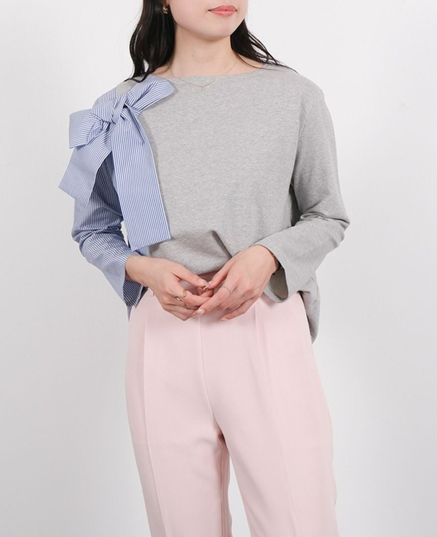 肩のリボンが目を惹くストライプシャツドッキングプルオーバー