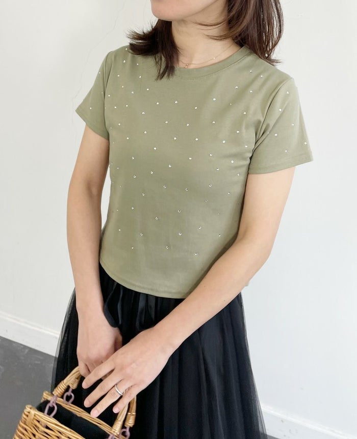 トレコード(TRECODE)ビジューTシャツカーキカラー