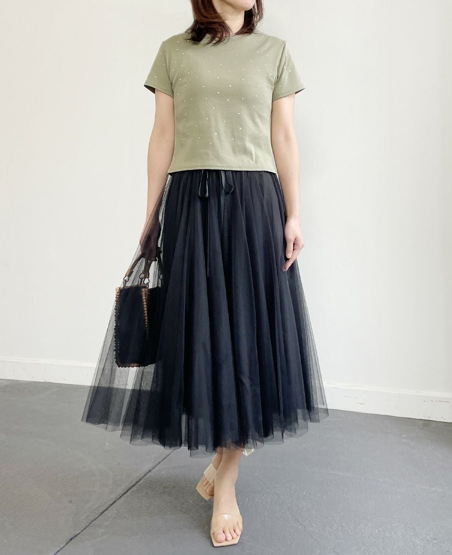 トレコード(TRECODE)ビジューTシャツカーキカラー