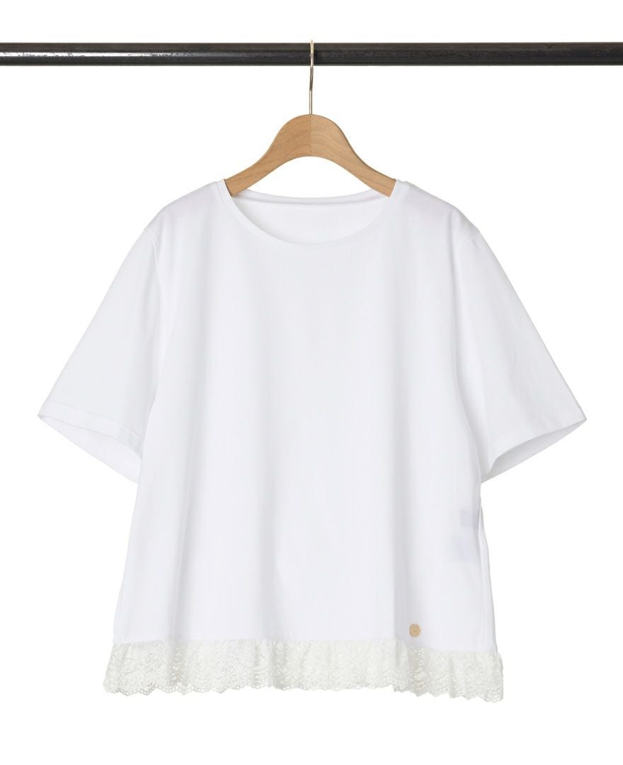 ホワイトの裾レースTシャツ詳細画像