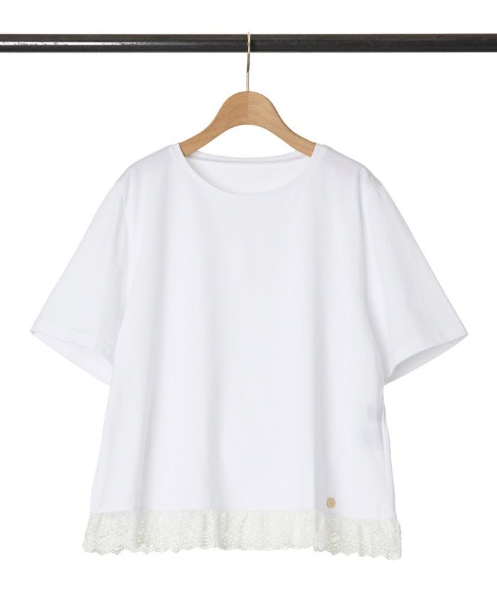 ホワイトの裾レースTシャツ詳細画像
