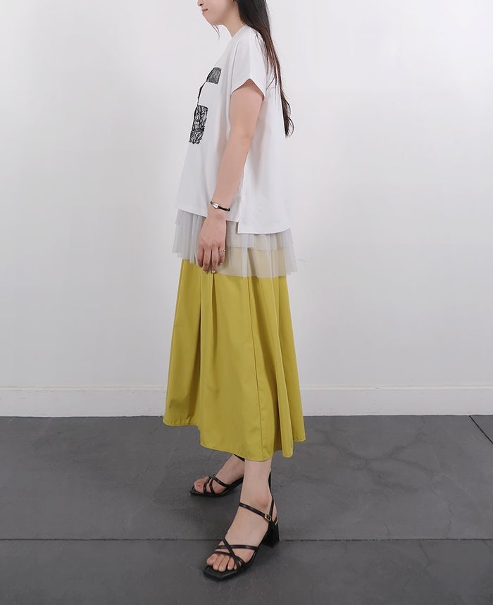接触冷感・吸水速乾・UVカット・ヒートブロックと夏にあると嬉しい機能が沢山ついたTRECODEのレースコラージュT（ブラック）を使ったスカートコーディネート